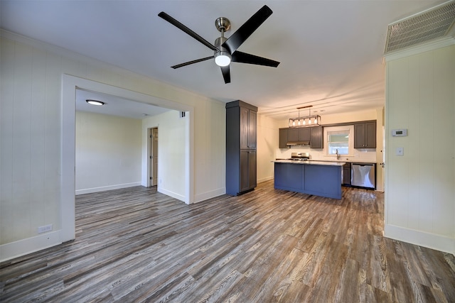 kitchen featuring ceiling fan, stainless steel dishwasher, gray cabinetry, pendant lighting, and dark hardwood / wood-style flooring