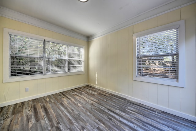 empty room featuring crown molding, a healthy amount of sunlight, and dark hardwood / wood-style floors