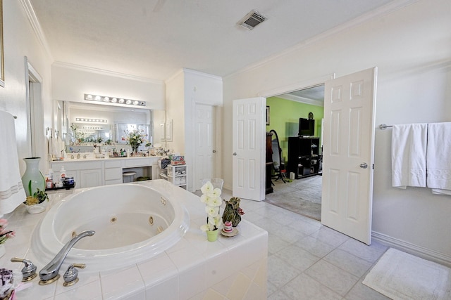 bathroom with a relaxing tiled tub, vanity, tile patterned floors, and crown molding