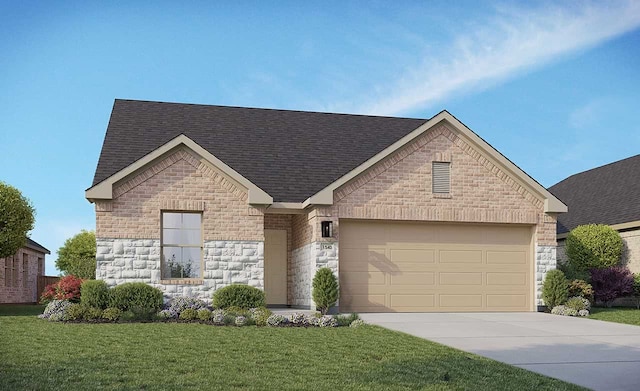 view of front of house featuring a garage, a shingled roof, concrete driveway, and brick siding