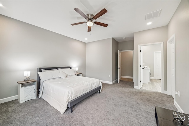 bedroom with ceiling fan and carpet flooring