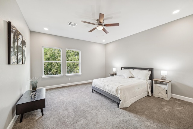 bedroom featuring ceiling fan and carpet floors