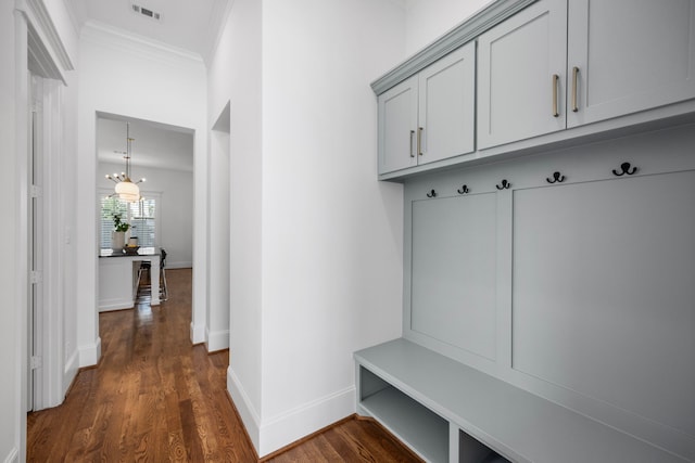 mudroom with baseboards, dark wood finished floors, visible vents, and crown molding