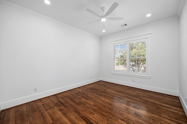 empty room with dark wood-type flooring, ceiling fan, and crown molding