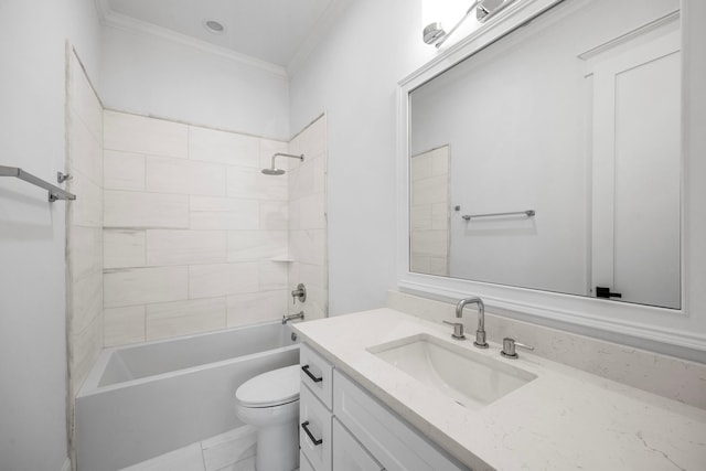 bathroom featuring tub / shower combination, vanity, toilet, and crown molding