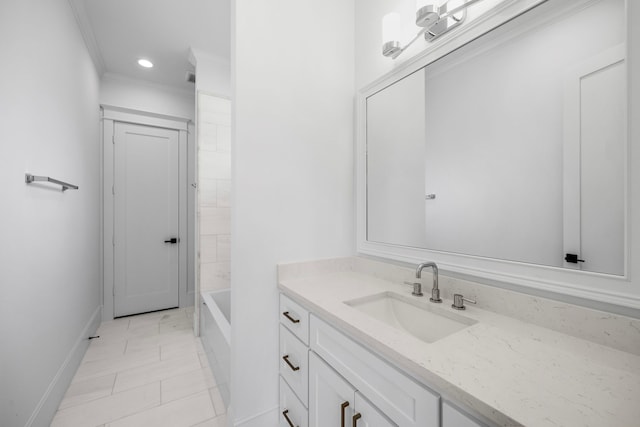 full bathroom featuring ornamental molding, recessed lighting, vanity, and baseboards