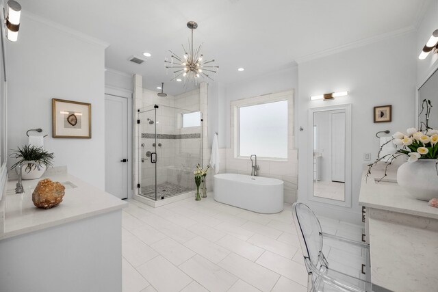 bathroom featuring ornamental molding, vanity, and independent shower and bath