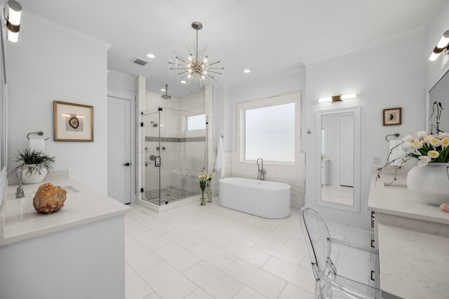 bathroom with visible vents, a soaking tub, ornamental molding, vanity, and a shower stall