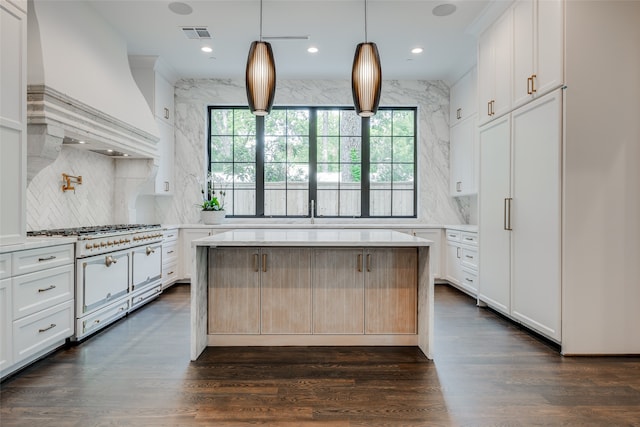 kitchen with custom exhaust hood, dark hardwood / wood-style flooring, white cabinetry, and stainless steel range