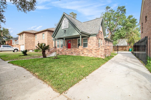 bungalow-style house with brick siding, fence, roof with shingles, a gate, and a front lawn