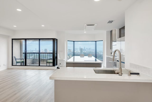 kitchen featuring kitchen peninsula, sink, and light hardwood / wood-style floors