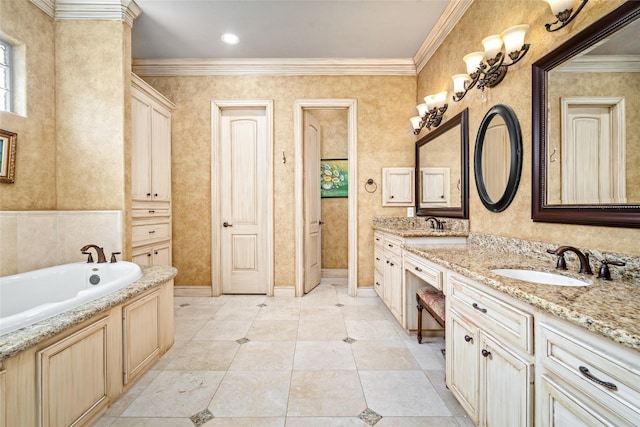 bathroom featuring tile patterned floors, vanity, a bath, and crown molding