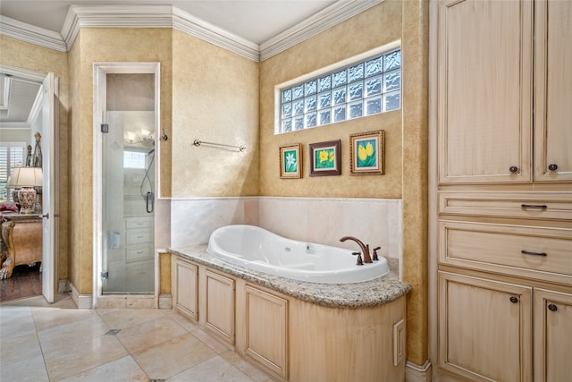 bathroom featuring shower with separate bathtub and crown molding