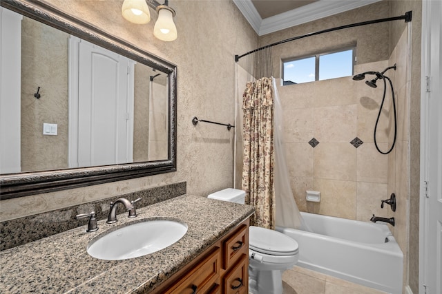 full bathroom with tile patterned flooring, toilet, shower / tub combo with curtain, vanity, and ornamental molding