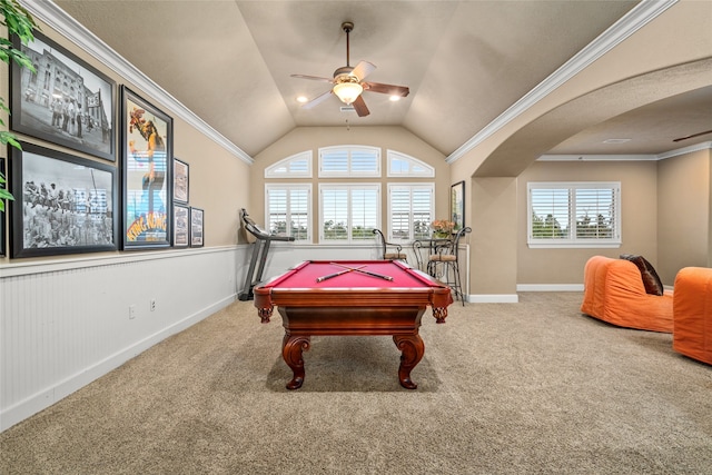 game room with carpet floors, plenty of natural light, and crown molding