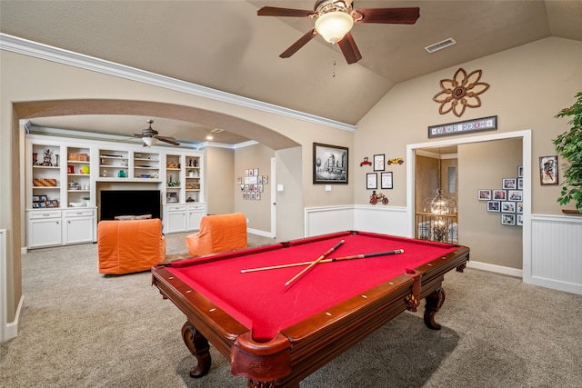 rec room featuring carpet flooring, ceiling fan, billiards, and vaulted ceiling