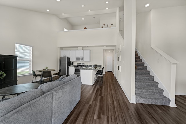 living room featuring a towering ceiling and dark wood-type flooring