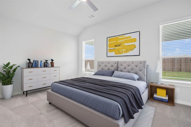 373 Spruce Oak Ln, Waller, TX 77484 - bedroom featuring light carpet, lofted ceiling, baseboards, and ceiling fan