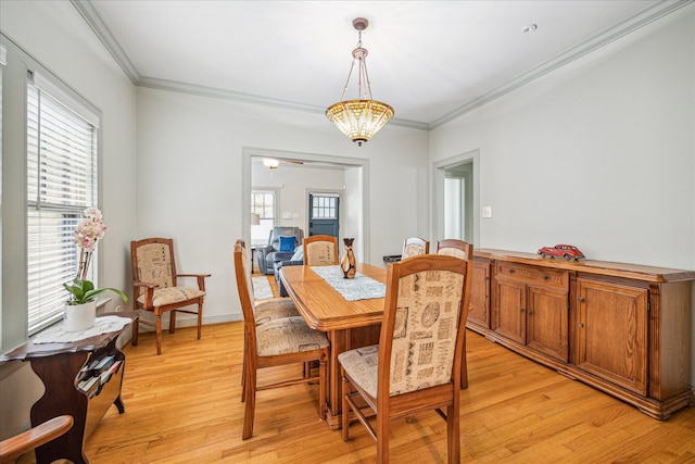 dining area featuring a wealth of natural light, light hardwood / wood-style flooring, and ornamental molding