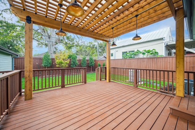 deck with a lawn and a pergola