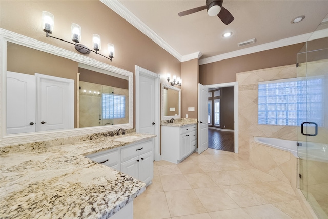 bathroom featuring separate shower and tub, crown molding, vanity, hardwood / wood-style floors, and ceiling fan