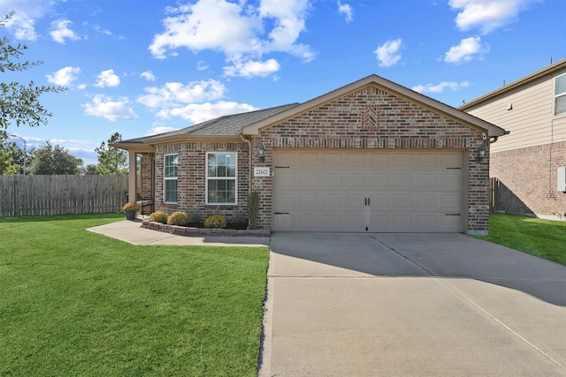 single story home with a garage and a front yard