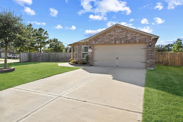 ranch-style house with a front yard and a garage