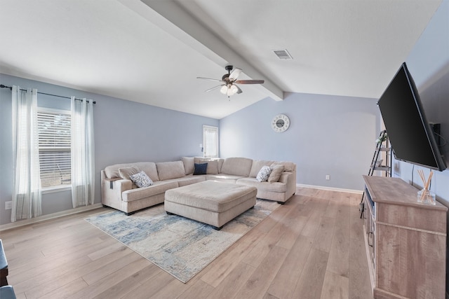 living room with lofted ceiling with beams, ceiling fan, and light hardwood / wood-style flooring