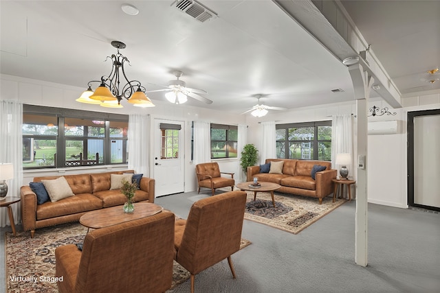 living room featuring ceiling fan with notable chandelier, carpet floors, and a wall mounted air conditioner