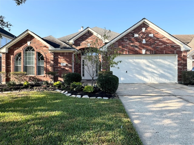 single story home featuring brick siding, a shingled roof, a front yard, a garage, and driveway