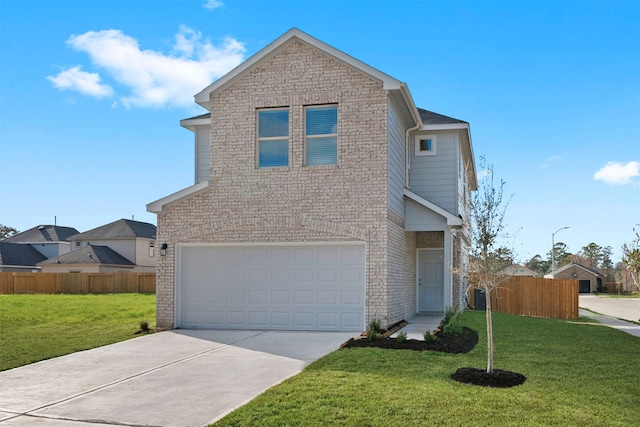 view of property with central AC unit, a garage, and a front lawn