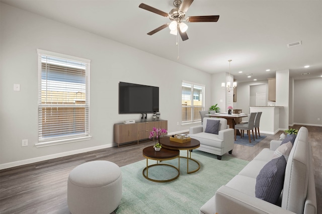 living room with hardwood / wood-style floors and ceiling fan with notable chandelier