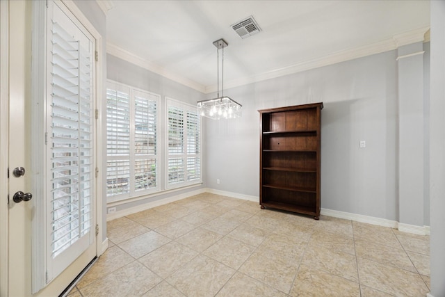 unfurnished dining area featuring light tile patterned flooring, crown molding, and an inviting chandelier