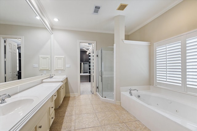 bathroom with tile patterned flooring, vanity, crown molding, and independent shower and bath