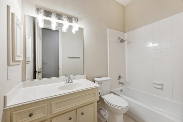 full bathroom featuring vanity, tiled shower / bath combo, and toilet