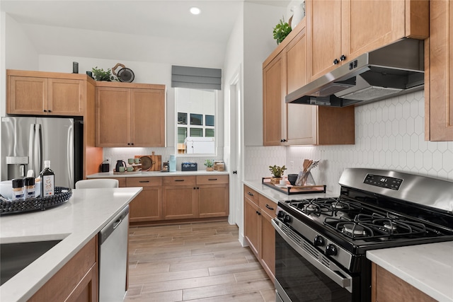 kitchen with decorative backsplash, light hardwood / wood-style floors, sink, and appliances with stainless steel finishes