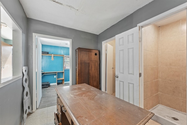 interior space featuring hardwood / wood-style floors and a tile shower