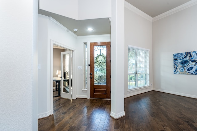 foyer entrance with dark hardwood / wood-style flooring and ornamental molding