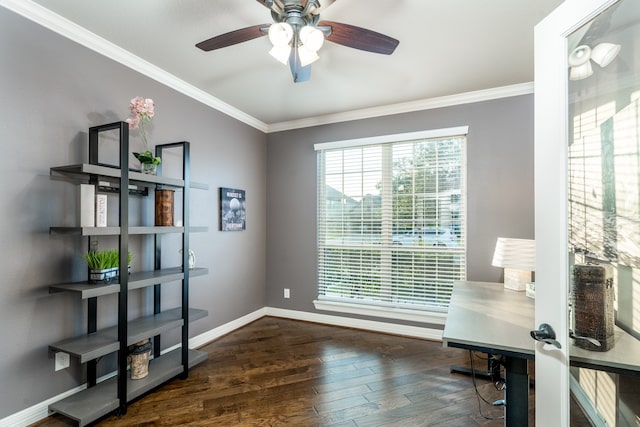 office area with dark wood-type flooring, ornamental molding, and ceiling fan