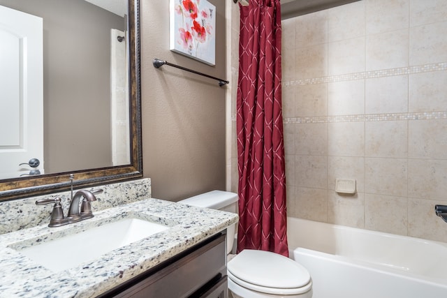 full bathroom with toilet, vanity, and shower / bathtub combination with curtain