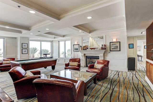 carpeted living room with beam ceiling, ornamental molding, coffered ceiling, and billiards