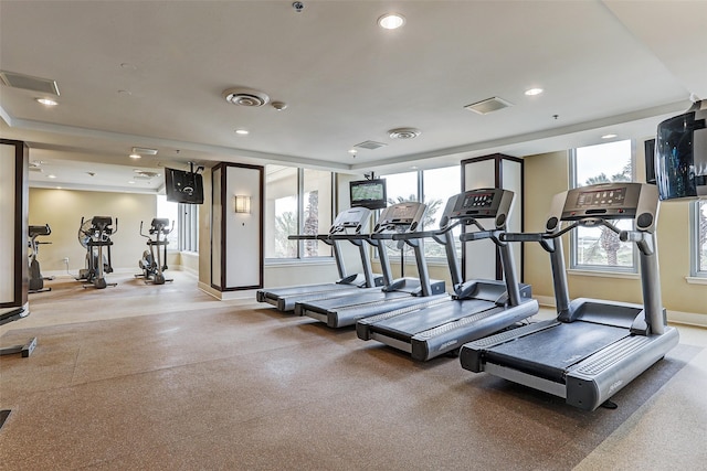 gym with recessed lighting, visible vents, and baseboards