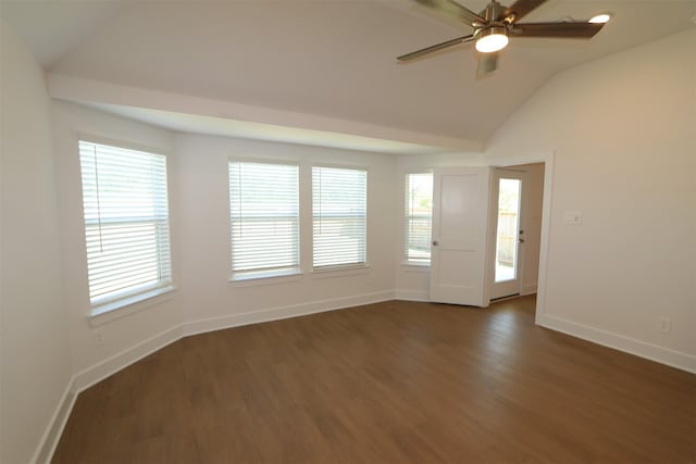 9819 Robard Ridge Ct, Montgomery, TX 77316 - unfurnished room with ceiling fan, baseboards, lofted ceiling, and dark wood-style flooring