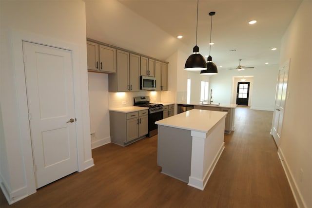 9819 Robard Ridge Ct, Montgomery, TX 77316 - kitchen with gray cabinets, a peninsula, appliances with stainless steel finishes, and a sink