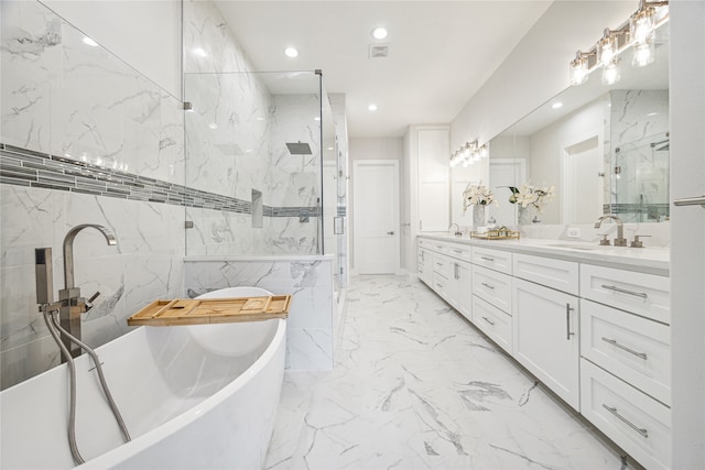 bathroom with tile walls, vanity, and plus walk in shower