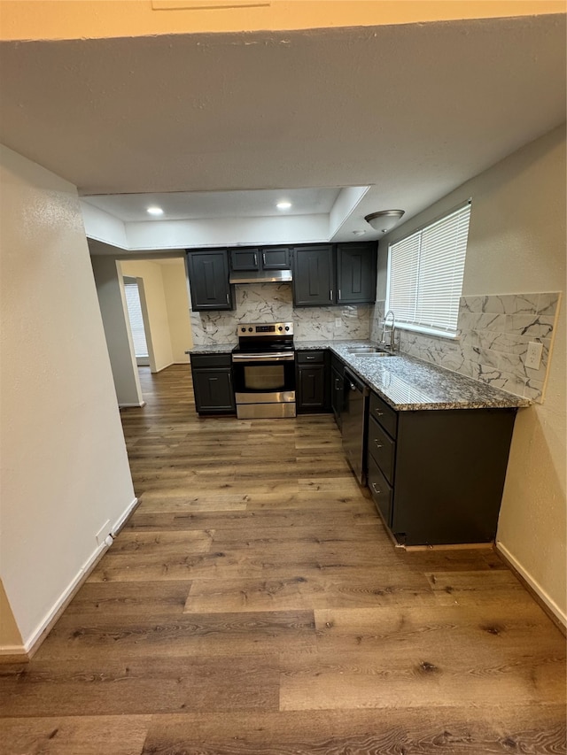 kitchen featuring stainless steel appliances, a raised ceiling, light stone countertops, sink, and hardwood / wood-style flooring