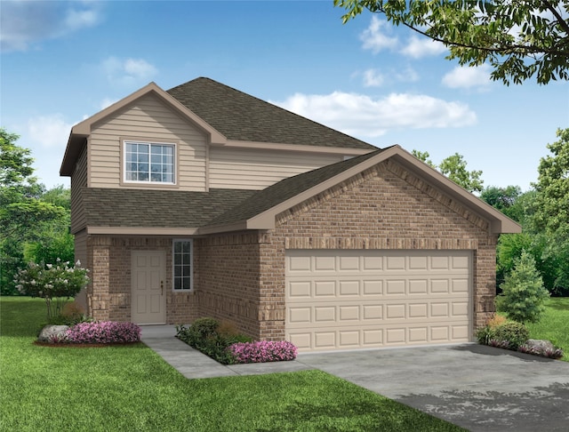 view of property featuring a front lawn and a garage