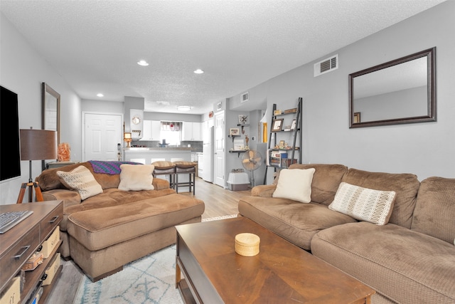 living room with a textured ceiling and light hardwood / wood-style floors