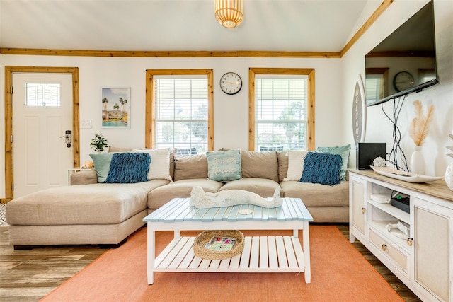 living room featuring hardwood / wood-style floors and crown molding