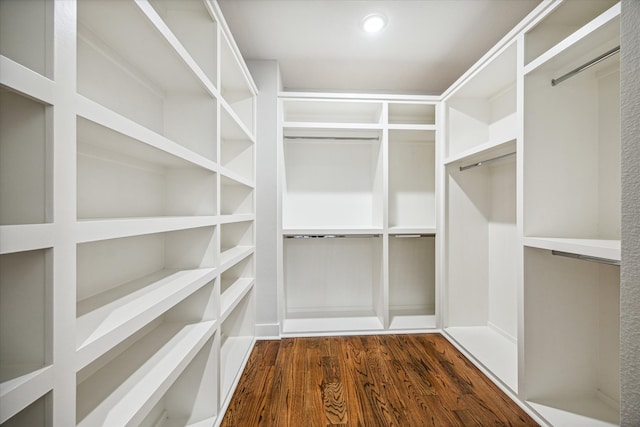 walk in closet with dark wood-type flooring